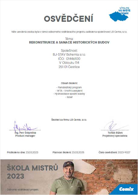 OSVĚDČENÍ - ŠKOLA MISTRŮ 2023 - REKONSTRUKCE A SANACE