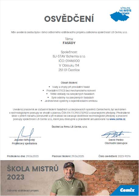 OSVĚDČENÍ - ŠKOLA MISTRŮ 2023 - FASÁDY