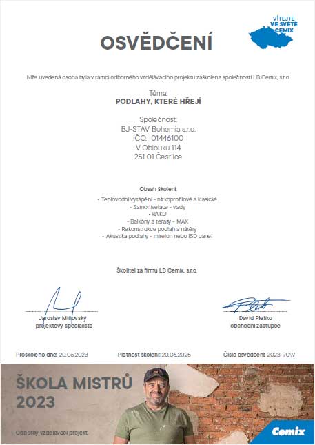 OSVĚDČENÍ - ŠKOLA MISTRŮ 2023 - PODLAHY